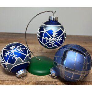 Set Of 3 Blue Glass Christmas Ornaments With Snowflake & Plaid Designs